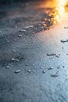 A high-end concrete background showcases a glossy wet surface adorned with soft water droplets and mist, enhanced by cinematic lighting that creates an elegant ambiance photo