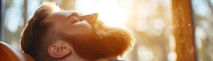 A skilled barber carefully trims a client's beard in a high-end barbershop, illuminated by soft golden sunlight pouring through large windows, creating a serene atmosphere photo