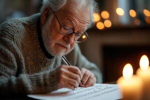A wise senior composer meticulously writes musical notes on parchment paper in a vintage study illuminated by candlelight. The warm glow enhances the creative atmosphere photo