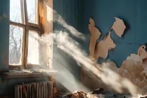 In an abandoned room, soot-stained walls echo past struggles. Soft morning sunlight penetrates the broken window, illuminating rising smoke and remnants of decay photo