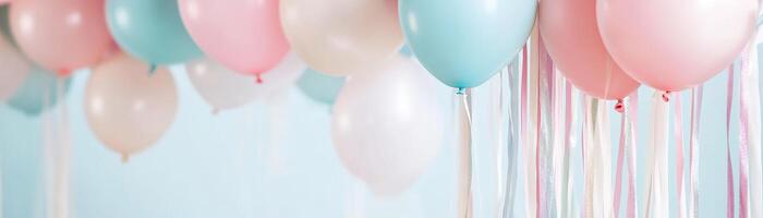 A lively backdrop features multicolored streamers hanging down, with pastel balloons providing a playful atmosphere ideal for children's parties. Ample space for welcoming text enhances its charm photo