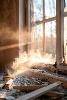 Walls blackened with soot create a haunting atmosphere in the abandoned room. Gentle smoke rises softly as morning light filters through the shattered window, hinting at a past tragedy photo