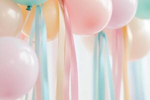 Bright and playful atmosphere fills the space, showcasing multicolored streamers overhead and softly blurred pastel balloons, perfect for a joyful children's celebration photo