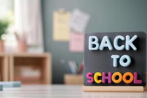 A cheerful Back to School sign made of vibrant foam letters is neatly arranged on a chalkboard in a warm, inviting classroom. The background features a soft-focus setting filled with stationary photo