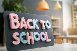 Colorful foam letters spell out Back to School on a chalkboard, creating a joyful atmosphere in a softly lit classroom. The inviting background enhances the cheerful mood photo