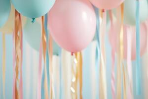 Bright and playful atmosphere featuring multicolored streamers and pastel balloons, creating a festive backdrop perfect for a children's party celebration photo