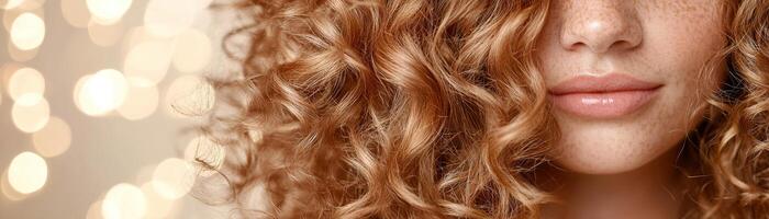 Defined and healthy natural curls receive hydration from a nourishing hair mist. The backdrop features a soft-focus blur with warm golden bokeh, enhancing the radiant beauty aesthetic photo