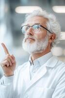 In a sleek laboratory, a confident doctor points upward, discussing medical research and innovations. The soft-focus background features advanced technology, creating a professional atmosphere photo