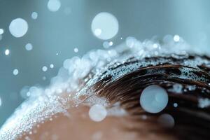 A professional hairstylist gently massages shampoo into a client's hair, with water droplets cascading in slow motion and soft-focus salon lighting, creating a luxurious and relaxing atmosphere photo