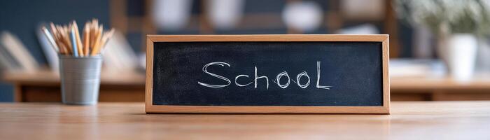 Chalkboard features the word school written in neat white chalk. The soft-focus background shows a wooden teacher's desk and warm lighting, creating a comforting educational atmosphere photo