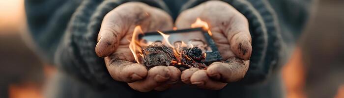 Fire-scarred hands clutch a partially burnt family photograph, embodying a profound sense of loss and resilience against a backdrop of soft-focus smoke photo