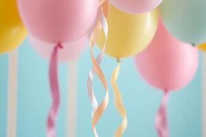 Bright and playful party background features multicolored streamers and pastel balloons, creating an inviting space perfect for kids' celebrations and joy-filled occasions photo