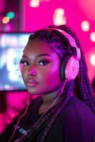 Focused plus-size gamer engages with a high-tech monitor in a neon-lit room, showcasing a vibrant cyberpunk aesthetic and premium gaming environment photo