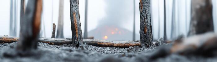 Charred remains of a forest are blanketed in thick volcanic ash, with smoking tree trunks marking the aftermath of destruction. A distant volcano is barely visible through the murky haze photo