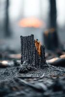 Volcanic ash blankets a devastated forest, where charred tree trunks still smolder, and a distant volcano looms through the smoky haze, echoing a powerful narrative of destruction photo