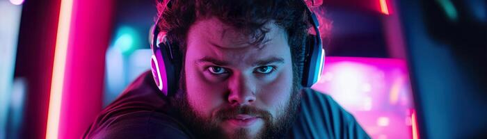 Gamer sits focused in a neon-lit room, highlighting an engaging atmosphere filled with colors and advanced technology. The individual clearly displays confidence while gaming photo