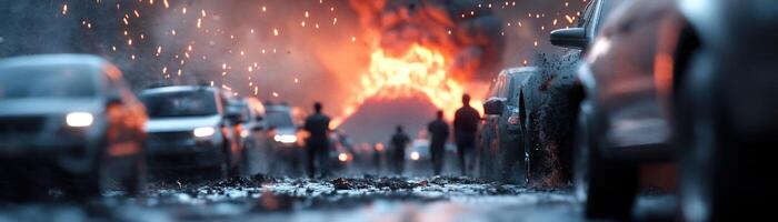 People are urgently rushing to their cars while a massive volcano erupts, filling the sky with ash and creating a tense, emotional atmosphere during the chaotic evacuation photo