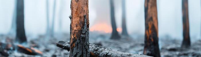 A desolate forest lies covered in thick volcanic ash, with charred tree trunks still smoking. A faint silhouette of a volcano emerges through the haze, evoking a sense of loss photo