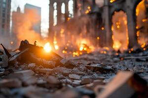 A stark urban landscape shows remnants of a downtown building reduced to rubble, with smoke billowing into the sky and reflecting golden light photo
