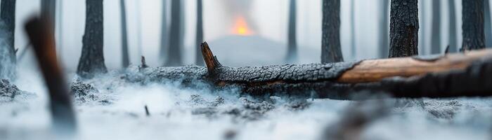 A forest lies devastated, blanketed in volcanic ash. Charred tree trunks emit faint smoke as a volcano looms in the background, creating a haunting atmosphere of destruction and loss photo