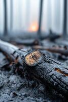Charred tree trunks smoke in a forest blanketed by volcanic ash. A distant volcano looms through the haze, capturing the aftermath of a catastrophic event photo