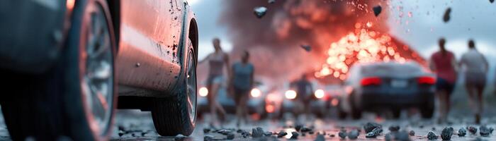 In a dramatic escape, individuals rush to their vehicles while a massive volcano erupts in the background, ash swirling through the air, creating a sense of urgency and fear photo