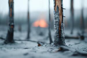 Charred tree trunks rise from the ground, enveloped in volcanic ash. Smoke billows from remains while a distant volcano looms through a haunting haze, capturing the aftermath of destruction photo