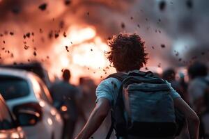 People are hurrying to their cars amid a crowded evacuation as a volcano erupts in the background. Ash fills the air, creating a tense, chaotic atmosphere under soft-focus lighting photo