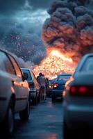 People rush to their vehicles amidst a chaotic evacuation as a massive volcano erupts in the distance. Ash blankets the air, creating an intense atmosphere filled with urgency and fear photo