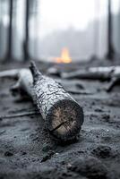 A haunting landscape shows a forest devastated by volcanic ash, with smoldering tree trunks and a distant volcano obscured by haze, vividly capturing the aftermath of disaster photo