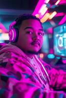 Focused plus-size gamer wearing RGB headphones engages intensely with a high-tech monitor in a vibrant neon-lit gaming room, highlighting a unique cyberpunk atmosphere photo