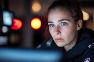 In a dimly lit dispatch center, a female emergency call operator gazes at her computer screen, responding to an urgent fire call. Glowing emergency lights reflect in the background photo