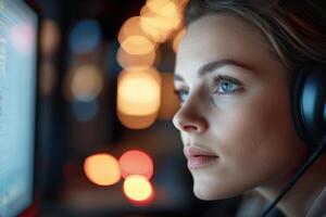 A female emergency call operator intently monitors her computer screen as an urgent fire call is received in the dimly lit dispatch center, illuminated by reflections of emergency lights photo