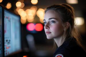 In a dimly lit dispatch center, a female emergency call operator focuses intently on her computer screen as an urgent fire call comes in. Glowing emergency lights surround her photo