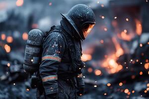 Standing amidst the smoldering ruins of a village covered in volcanic ash, the firefighter assesses the aftermath, with glowing embers and warm lighting illuminating the devastation photo