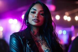 A fierce plus-size woman with intricate tattoos stands confidently at a rock concert. The soft-focus neon lights create a high-energy atmosphere, enhancing her strong presence photo