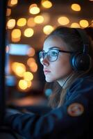 In a dimly lit dispatch center, a female emergency call operator intently monitors her computer screen as an urgent fire call comes in, illuminated by soft glowing lights photo