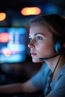 Focused female emergency call operator monitors computer as critical fire call comes in, illuminated by glowing emergency lights in a dimly lit dispatch center photo
