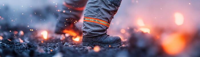 A firefighter stands in the rubble of a village enveloped in volcanic ash, uniform speckled grey, as soft embers drift in the air, capturing the struggle against nature's fury photo