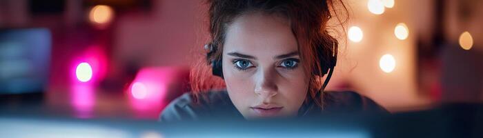 A female emergency call operator intently focuses on her computer screen as an urgent fire call arrives. The dispatch center is dimly lit, with soft light reflections enhancing the atmosphere photo