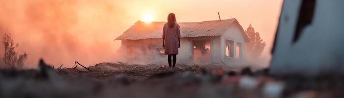 Standing before her ash-covered home, a woman gazes into the smoky horizon as the golden sunset breaks through, capturing the essence of loss and resilience after devastation photo