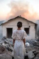 A woman gazes at her house, cloaked in volcanic ash during sunset. The soft golden light breaks through smoke, highlighting her deep sense of loss and unwavering resilience photo