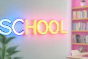 Soft blue and yellow neon sign spelling SCHOOL brightens a contemporary classroom, creating an inviting atmosphere among blurred bookshelves and study desks, enhancing the learning experience photo