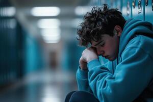 A thoughtful overweight teenager sits alone on the floor of a high school hallway, deep in contemplation, with lockers softly blurred in the background, illuminated by melancholic lighting photo