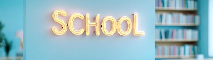 A neon sign with the word SCHOOL glows softly in blue and yellow tones on the wall of a contemporary classroom. Bookshelves and study desks are blurred in the background, enhancing a learning vibe photo