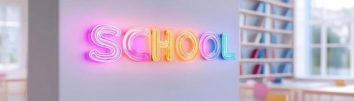 A vibrant neon sign spelling out school in soft blue and yellow tones creates an inviting atmosphere in a modern classroom, with blurred bookshelves and desks in the background photo