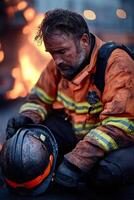 A weary firefighter sits on a curb at dawn, his face blackened with soot. He rests his helmet beside him, reflecting on the exhausting night of battling flames and smoke photo