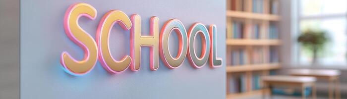 An eye-catching neon sign displays the word SCHOOL in soft blue and yellow tones, set against a backdrop of blurred bookshelves and study desks, creating a warm learning atmosphere photo