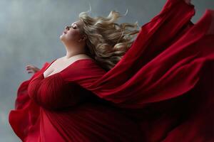 An overweight woman adorned in a flowing red dress appears to float elegantly in warm cinematic light. The fabric billows around her, creating a surreal and striking presence photo