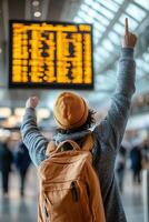 Traveler stands joyfully in the airport terminal, pointing upward at the digital departure board. Background is a soft-focus blur of other travelers and activities, creating an energetic atmosphere photo